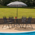 EMMA + OLIVER 6 Piece Black Patio Garden Set with Umbrella Table and Set of 4 Folding Chairs