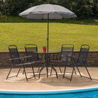 EMMA + OLIVER 6 Piece Black Patio Garden Set with Umbrella Table and Set of 4 Folding Chairs