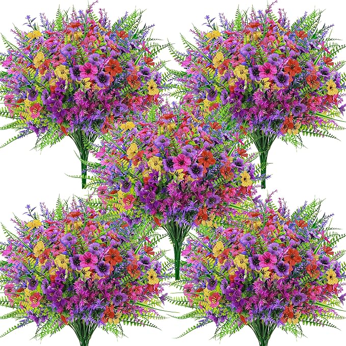 Der Rose 24 Bundles Fake Flowers Spring Artificial Flowers for Outdoors, UV Resistant Silk Flowers for Garden Patio Porch Farmhouse Home Decor (Colourful)