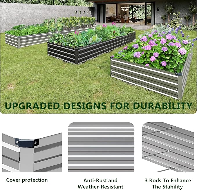 2PCS 6x3x1ft Galvanized Raised Garden Bed Kit,Metal Planter Box for Vegetables,Flowers,Herbs Durable Rust-Resistant Patio Gardening Beds,Silver