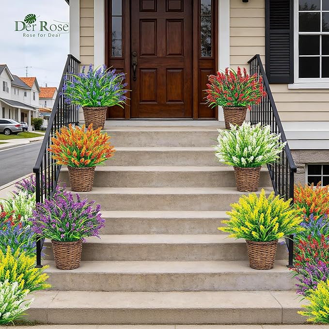 Der Rose 24 Bundles Artificial Plants Outdoor Fake Lavender Flowers UV Resistant Faux Plants Monkey Grass for Garden Porch Fence Patio Window Box Decor（Colorful）