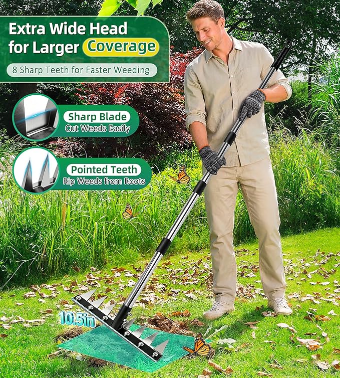 Iron Weed Rake with 71" Adjustable Long Handle, 8 Teeth Manual Weed Remover Tool Heavy Duty Garden Weed Puller with Gloves for Yard, Lawn, Garden
