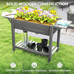 Outsunny Raised Garden Bed, 57 x 20.5 x 34 in Wood Elevated Planter Box with Lockable Wheels, Side Tables and Bottom Shelf, Outdoor Raised Planter with Bed Liner and Drainage Holes, Gray