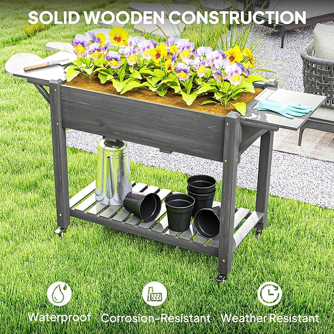 Outsunny Raised Garden Bed, 57 x 20.5 x 34 in Wood Elevated Planter Box with Lockable Wheels, Side Tables and Bottom Shelf, Outdoor Raised Planter with Bed Liner and Drainage Holes, Gray
