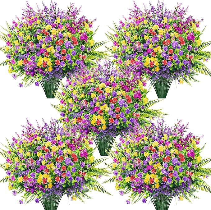 Der Rose 24 Bundles Artificial Flowers Bulk for Outdoors UV Resistant Fake Flowers Spring for Garden Patio Porch Farmhouse Home Window Box Decor（Colourful）