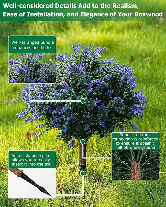 27.55 Inch Artificial Boxwood Trees, 2 Sets Faux Lavender Topiary with Spikes, Pot Filler Fake Shrubs Plants for Outdoor Planters, Round Topiary Bush Balls Front Porch Home Garden Spring Decor