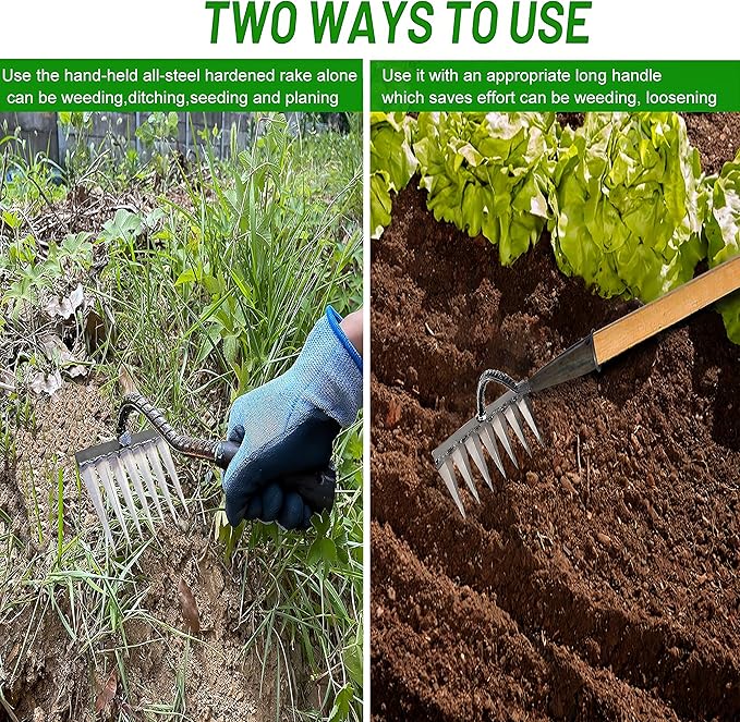 Garden Rake, Gardening Tools Heavy Duty Rake with 7 Metal Tines,Sharp Durable Garden Weeding Tools, All Steel Hardened Hoe Garden Hand Rake Tools for Backyard Lawn Loosening Planting Weeding (7 Tines)