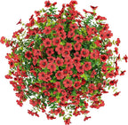 HyeFlora Artificial Fake Hanging Red Plants Flowers Basket for Outdoor, Faux Silk Daisy Mums Look Real UV Resistant for Outside Porch Home Patio Garden Yard Decoration
