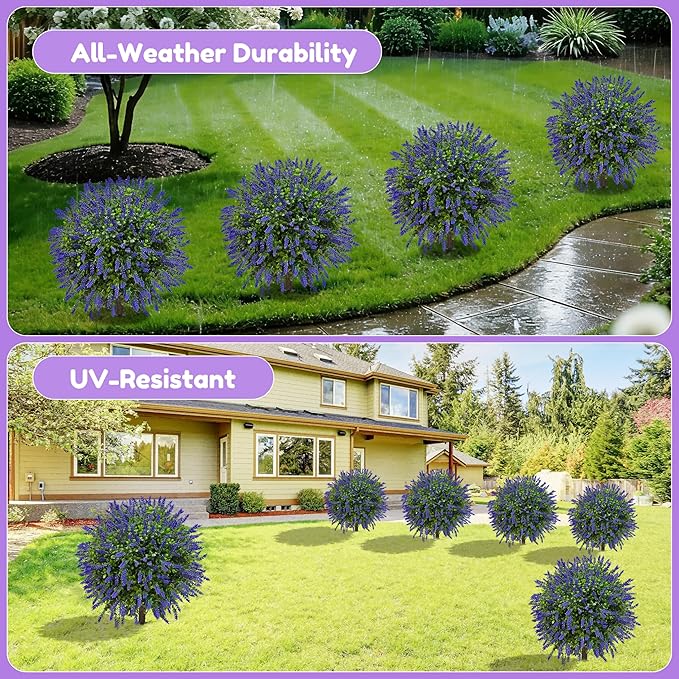 21.6 Inch Artificial Lavender Boxwood Topiary Ball Trees, Set of 4 Fake Shrub Bushes with Ground Spike, UV Resistant Faux Greenery Outdoor Plants for Garden, Patio, Porch, Yard & Indoor Decor