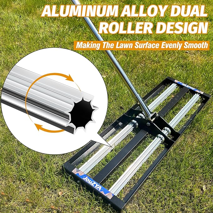 Updated Lawn Leveling Rake 40"x10", Lawn Leveler with Aluminum Rollers, Yard Leveling Rake Stainless Steel with 27-80" Adjustable Handle, Heavy-Duty Ground Leveler Suit for Garden, Golf Lawn, Farm