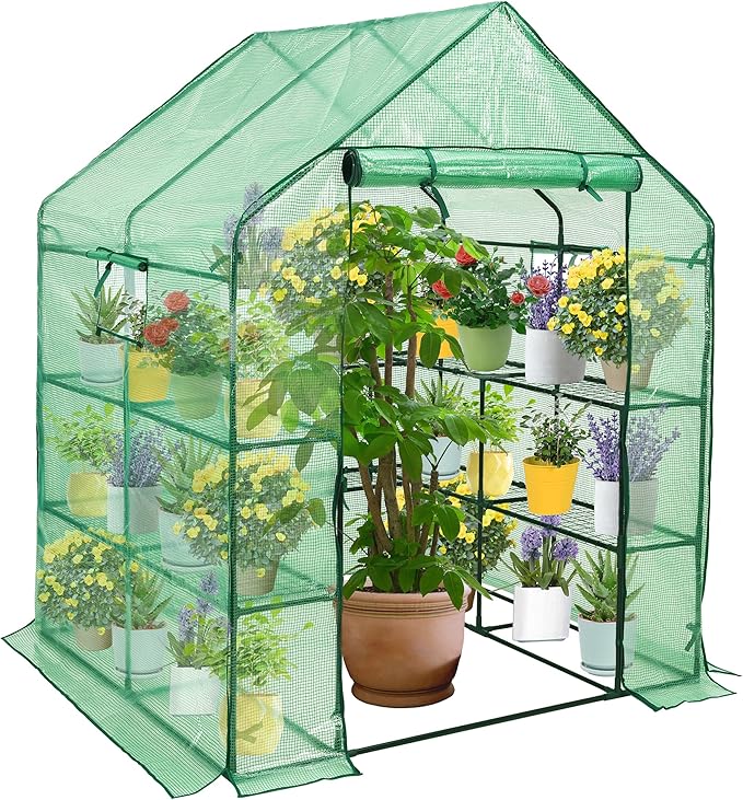 SUNGIFT Walk-in Greenhouse for Outdoors, 57x61x80 Inch Large Greenhouse, 3 Tiers 10 Shelves Mini Green House Kit with Observation Windows Roll-up Door Zipper, Plant Garden Hot House for Herbs, Flowers