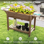 Outsunny Raised Garden Bed, 57 x 20.5 x 34 in Wood Elevated Planter Box with Lockable Wheels, Side Tables and Bottom Shelf, Outdoor Raised Planter with Bed Liner and Drainage Holes, Carbonized