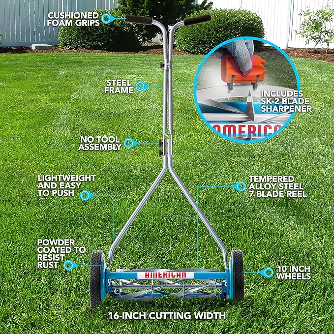 American Lawn Mower Company 2607-16 16-Inch 7-Blade Reel Push Lawn Mower, SK-2 Sharpener Included