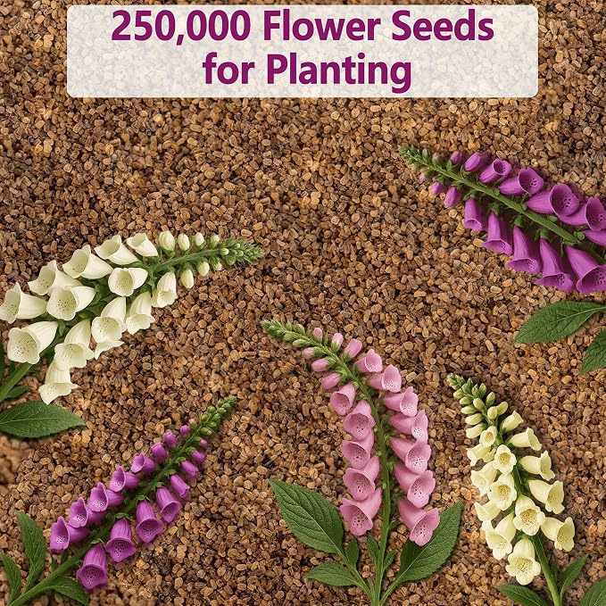 250,000+ Foxglove Seeds Bulk Pack - Tall Spire Blooms, Mixed Colors for Garden Borders, Easy Planting for Home Gardening - Ideal for Backyard Flower Beds, Landscaping, and Pollinator-Friendly Gardens