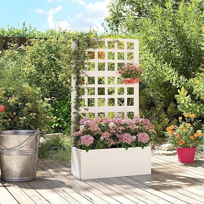 Outsunny Galvanized Raised Garden Bed with Trellis, Metal Planter Box with Drainage Holes, Outdoor Privacy Screen for Climbing Plants, Vegetable, Vines, 24" x 9" x 44.5", White