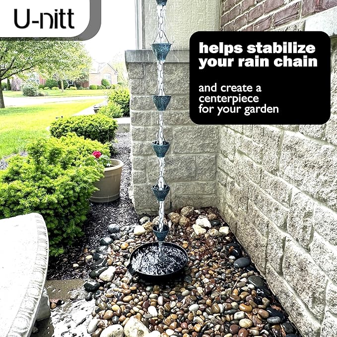 U-nitt 12" Spill Bowl Downspout Catch Basin for Rain Chain Anchoring & Stake | Rainwater Collection for Roof |Gutter Catch Basin | Good for Water Fountain & Birdbath | Black | Handles Heavy Rain