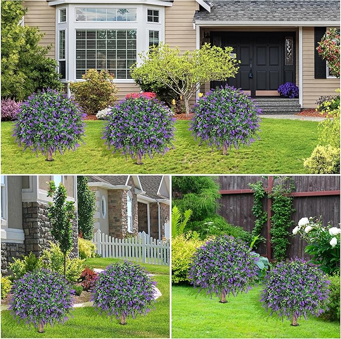 HyeFlora 2 Pack Artificial Topiary Boxwood Ball Trees with Lavender Fake Plants for Outdoor Indoor Artificial Shrubs with Ground Spike UV Resistant Fake Bushes for Front Porch Garden (Purple Lavender)