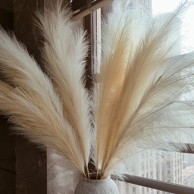 Premium Faux Beige Pampas Grass Decor – Cream Sand 43.3″ 8pcsTall Fluffy Feather Flowers, No Assembly 18-Branch One-Piece Stems for Floor Vase, Boho Wedding & Neutral Home Decor (8pcs 110cm)