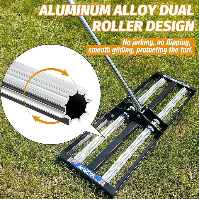 Updated Lawn Leveling Rake 30"x10", Lawn Leveler with Aluminum Rollers, Yard Leveling Rake Stainless Steel with 27-80" Adjustable Handle, Heavy-Duty Ground Leveler Suit for Garden, Golf Lawn, Farm