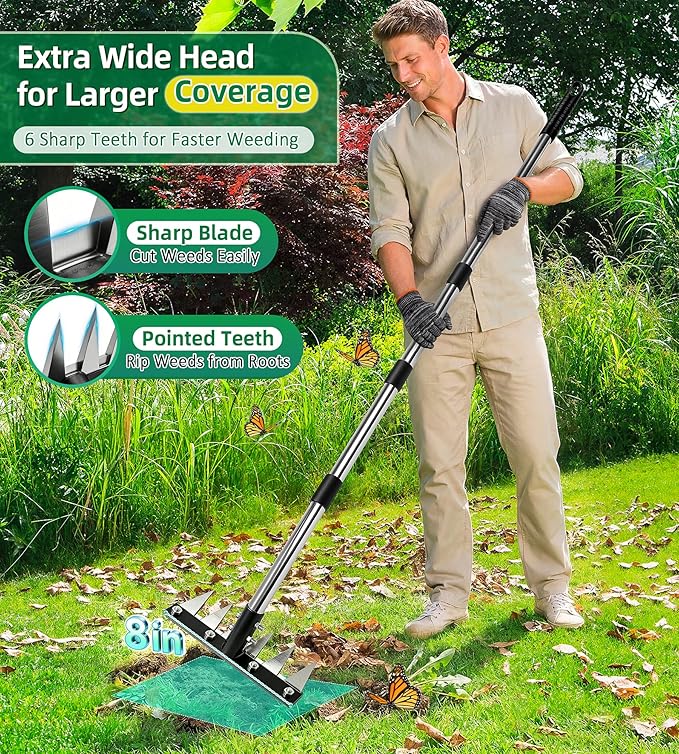 Weed Rake Tool Iron Weed Puller with 71" Adjustable Long Handle, 6 Teeth Garden Weed Remover Tool Heavy Duty Manual Weed Puller with Gloves for Yard, Lawn, Garden